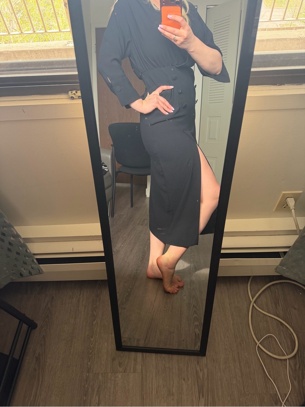 Zara Black Button-Front Midi Dress with Side Slit